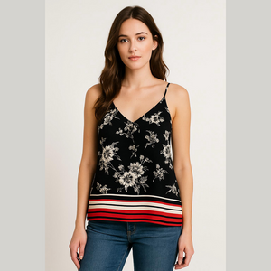 Roz and Ali Womens Black Floral and Stripe Loose Fit V Neck Tank Top Size XL